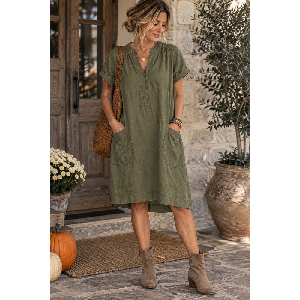 J Jill S Olive Green Silk Linen Shift Dress Tunic Pockets Boho Lagenlook Coastal